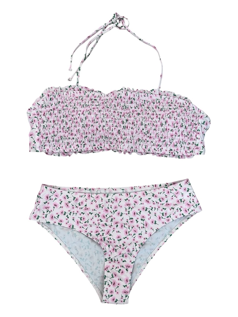 AI’MAGE Pink Floral Smocked Bandeau Bikini Set Cottagecore Halter Swimsuit - Picture 3 of 5
